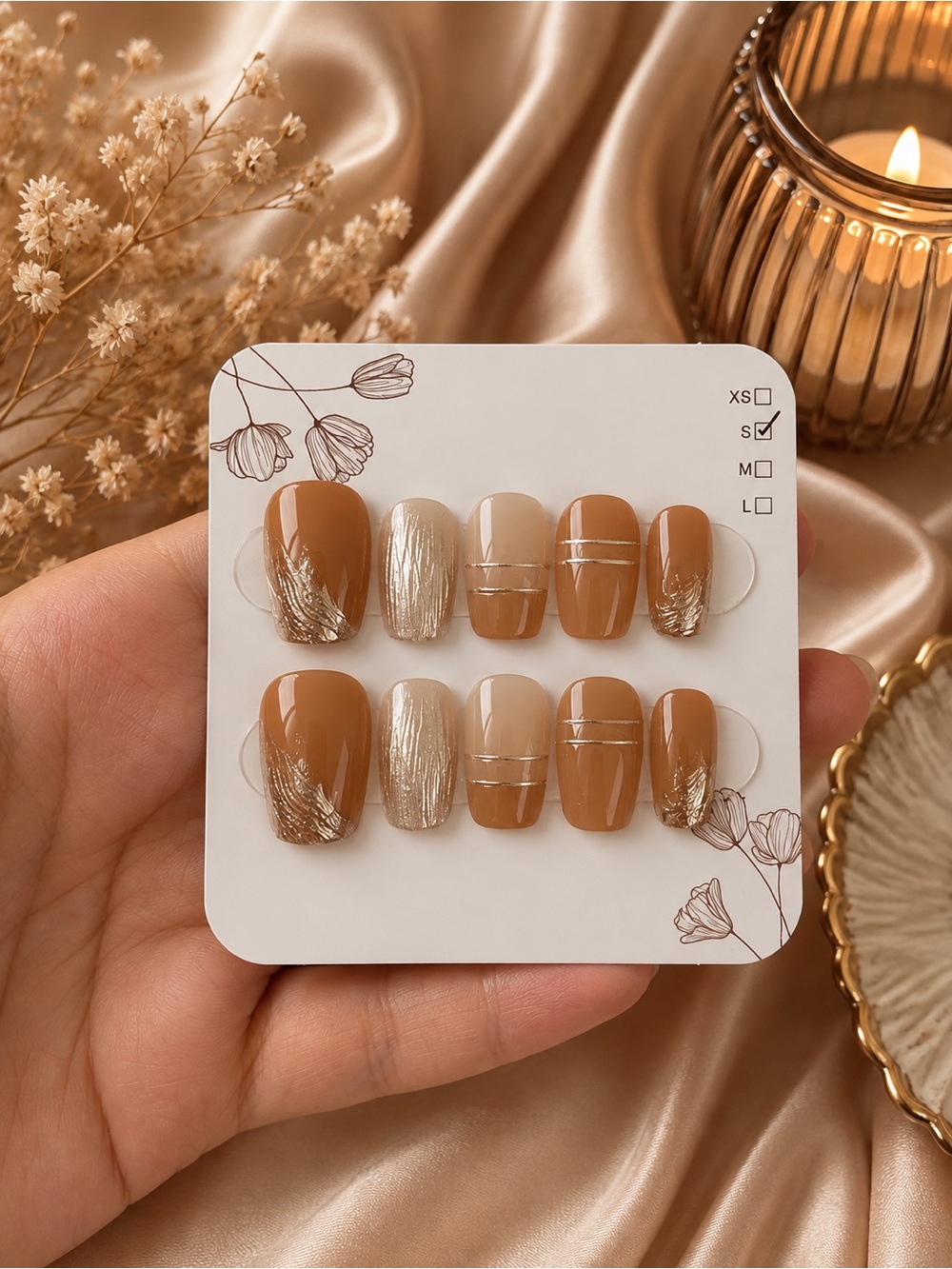 Brown Nude Silver Abstract Press-On Nails Size S